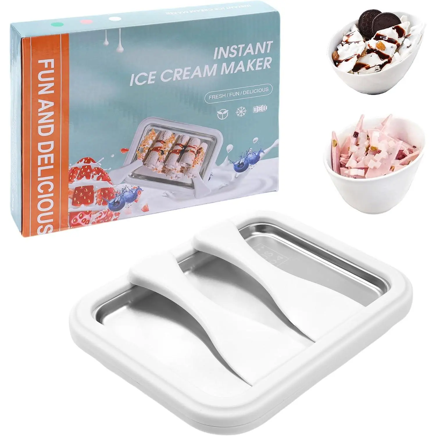 Rolled Ice Cream Maker Kit, DIY Ice Cream Roll Tray with 2 Scrapers,Stainless Steel Freezing Plate for Rolled Ice Cream,Homemade DIY for Fun Activities