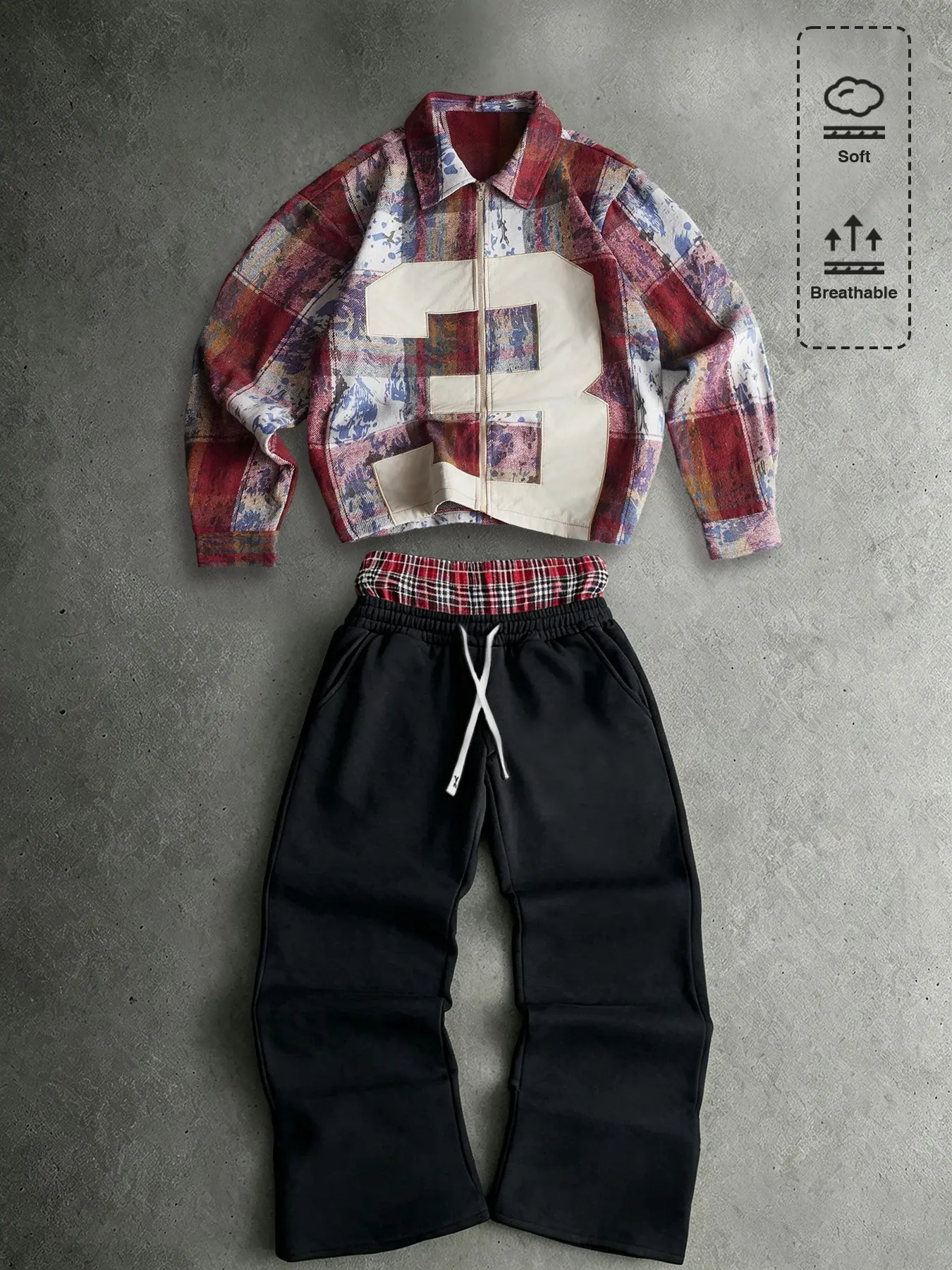 Men's Plaid Jacket and Wide Leg Pants Set, Loose Fit Short Sleeve Patchwork Design, Street Style Autumn, Daily Wear