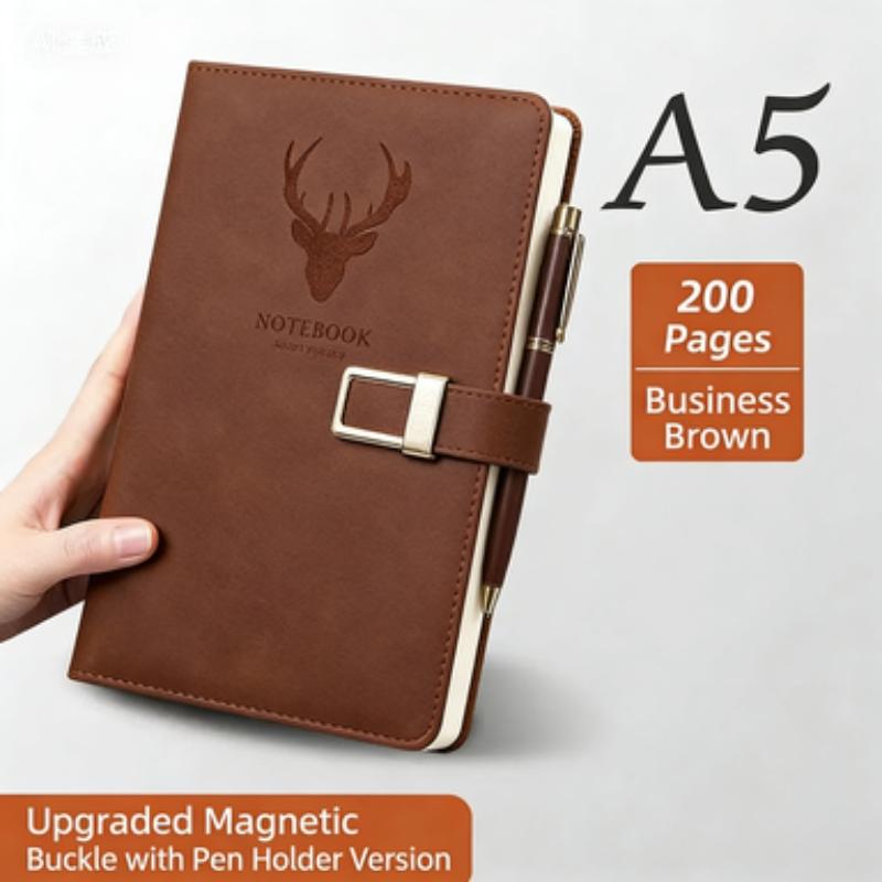 Vintage A5 Leather-Look Notebook, Soft Cover with Bookmark, Ideal for Business Meetings and College Students, Durable Design