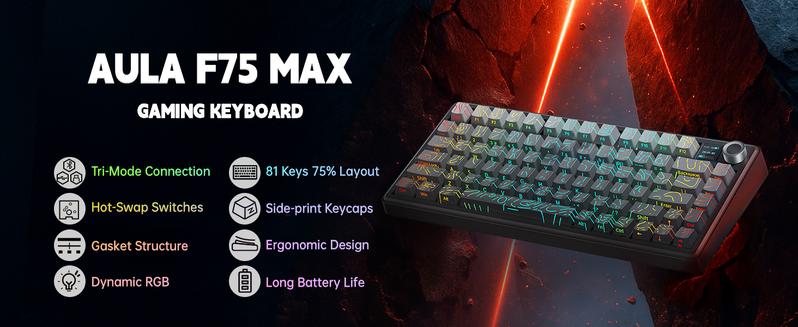 Aula F75 MAX Wireless Mechanical Keyboard with TFT Screen and Knob, Gasket Keyboard in 75% Layout, Hot Swappable Gaming Keyboard for PC/Mac/Linux