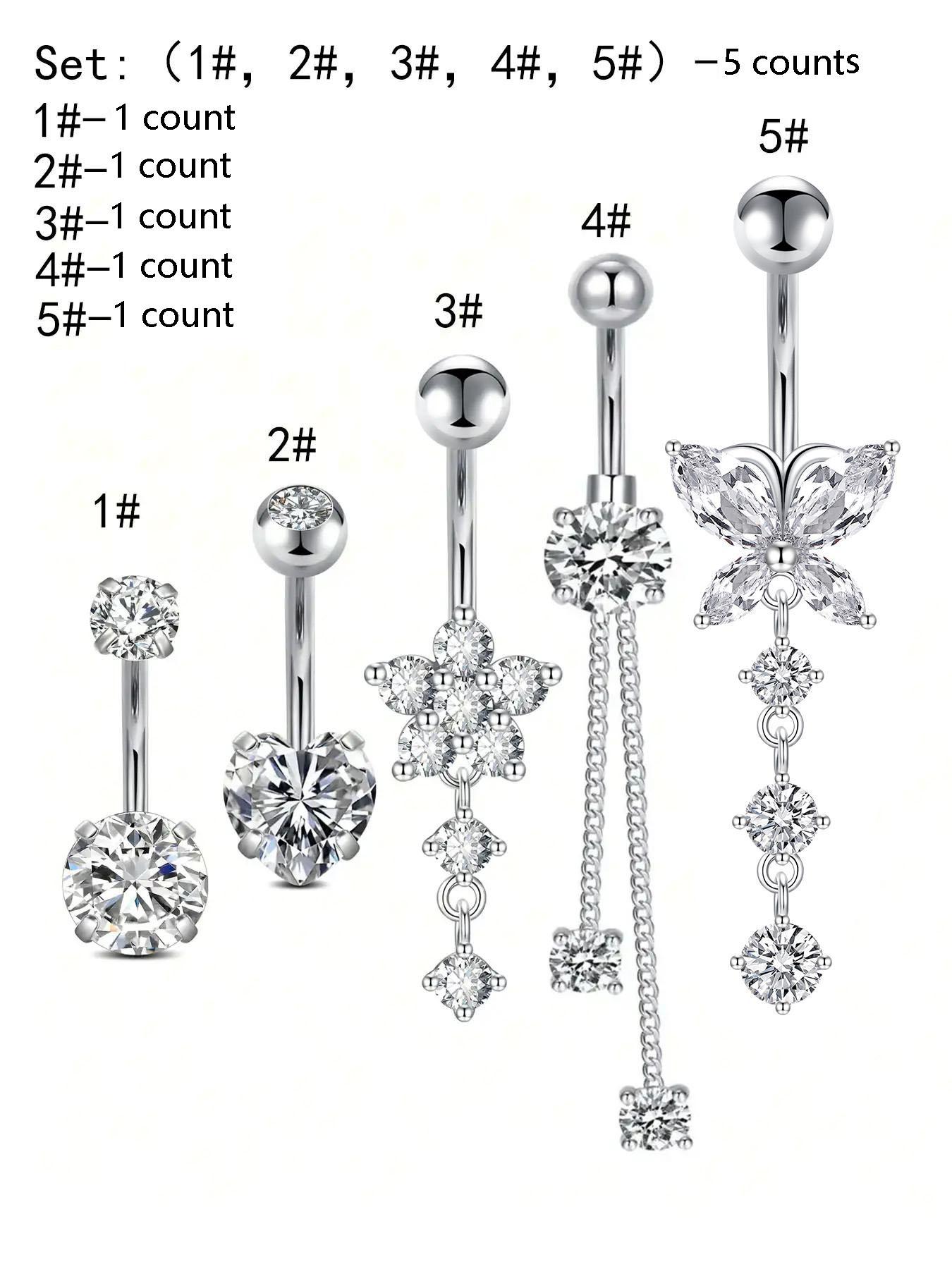 Casual Rhinestone Decor Butterfly & Flower & Heart Design Belly Button Ring, Navel Piercing Body Jewelry, Classic Fashion Accessories for Party, Club, Belly Hoops