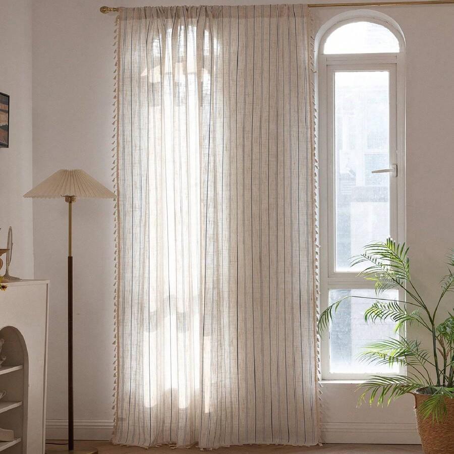 Luxurious Cotton Linen Drapes with Fringe Trim, Semi-Transparent Noise-Dampening UV Protection Curtain for Living Room & Bedroom