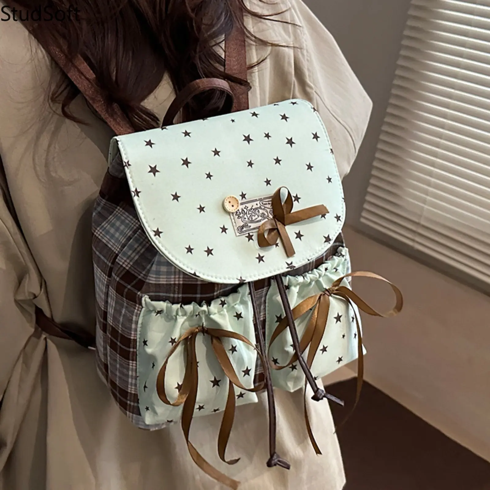 Women's Mint Green Plaid Canvas Backpack - Small Rucksack with Star Pattern, Cute Coquette Aesthetic Shoulder Bag for Casual School Commute, Sports Use