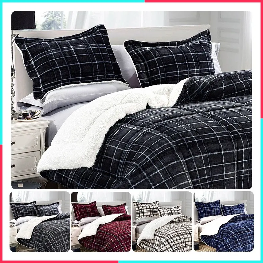 Ultra Soft 3pcs Plaid Checkered Microsuede Fleece Reversible Sherpa Comforter Set with Shams, Cozy Warm Breathable, Easy Care Quilt Comforter Sets, Full/Queen, King/California King and Twin/Twin XL Size Bed For All