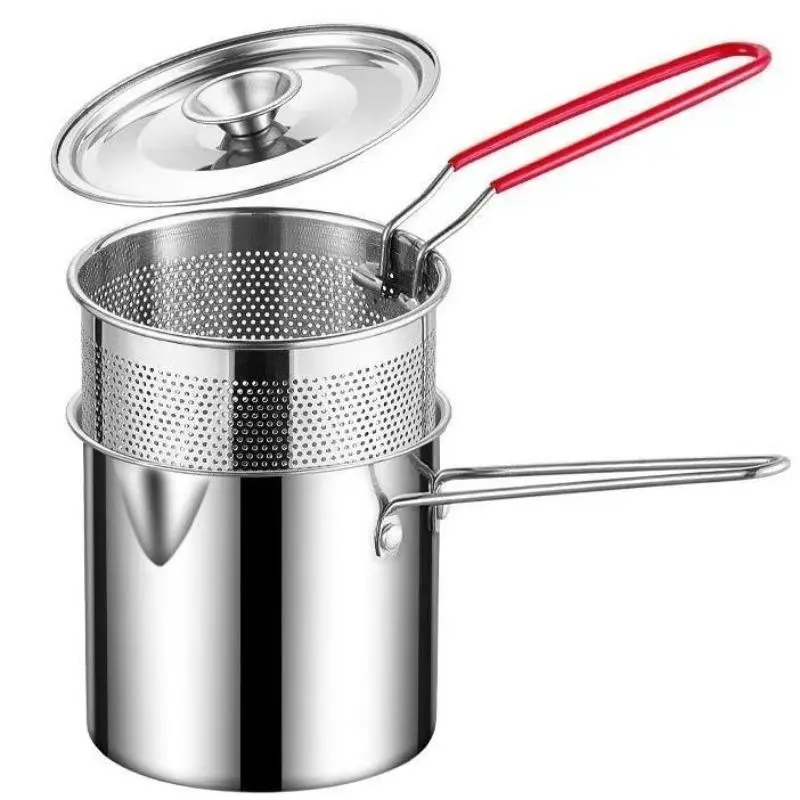 304 Stainless Steel Frying Pan with Filter Basket, Handle and Lid, Tempura Deep Fryer, Deep Fryer With Basket For Home Use, for Frying Fish, Shrimp, Deep Fryer Pot