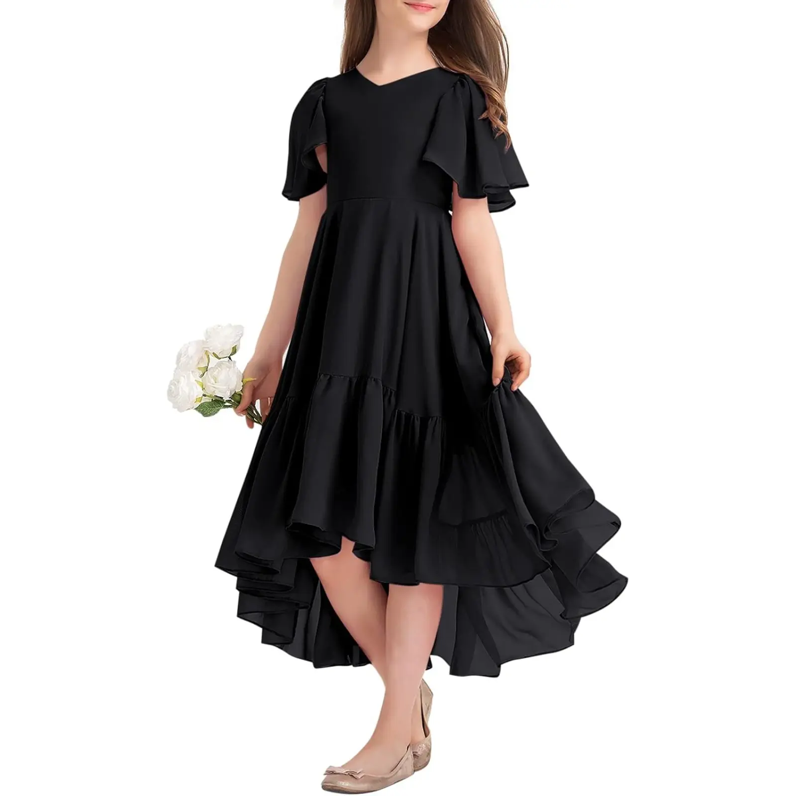 Haloumoning Girls Ruffle Dresses Short Sleeve Junior Bridesmaid Party Dress | Casual, A Line, V Neck, Flowy, High Low, Formal, Maxi Long Dress for Girls