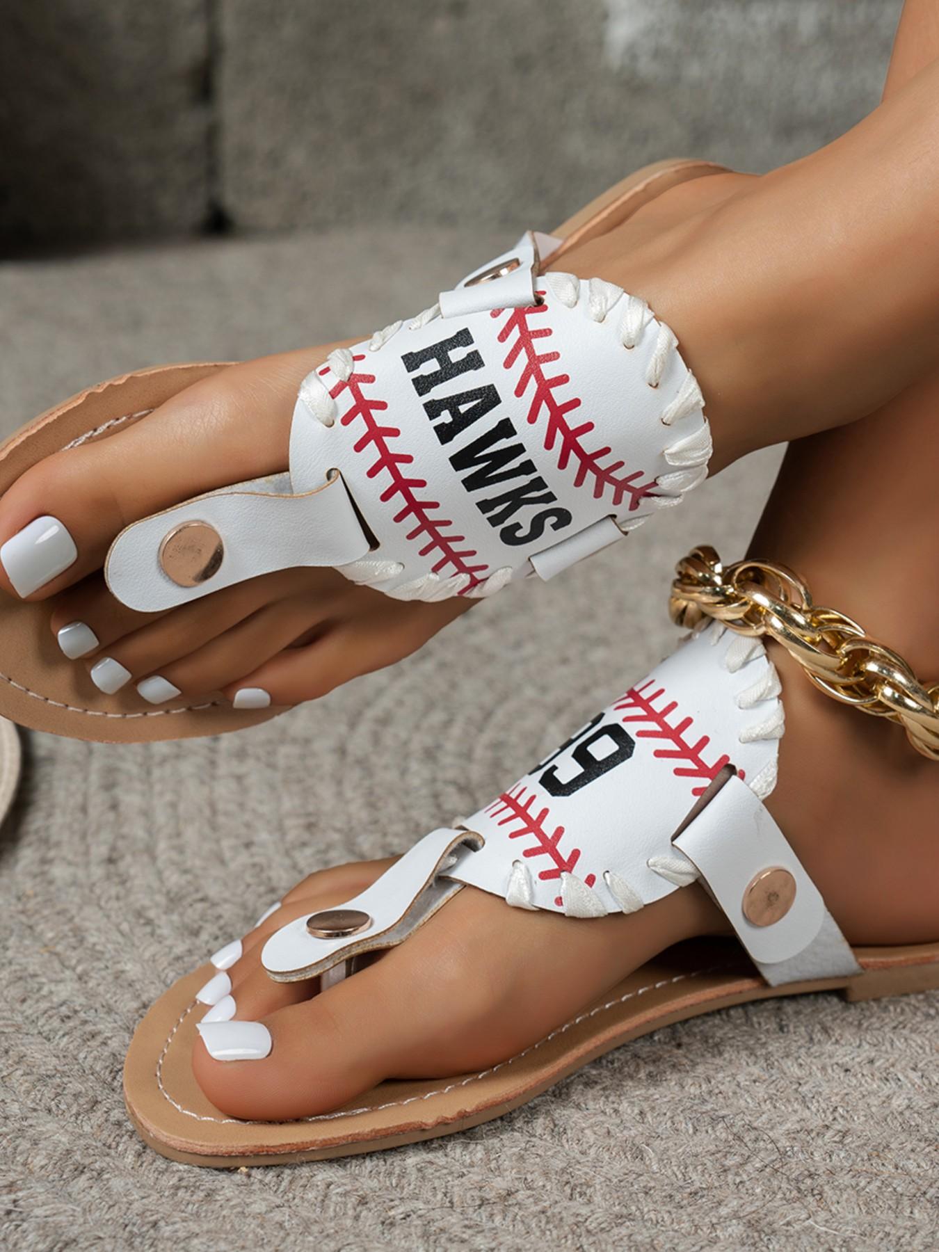 Women's Baseball Themed Sandals - Black Faux Leather Flip Flops with "99" & "HAWKS" Print, Sporty Stitching Detail Thong Slides for Summer