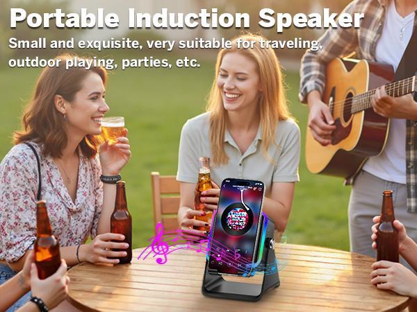 Wireless Induction Speaker With Colorful Ambient Light 360 Adjustable Phone Holder for iPhone Android Samsung Phone Speakers