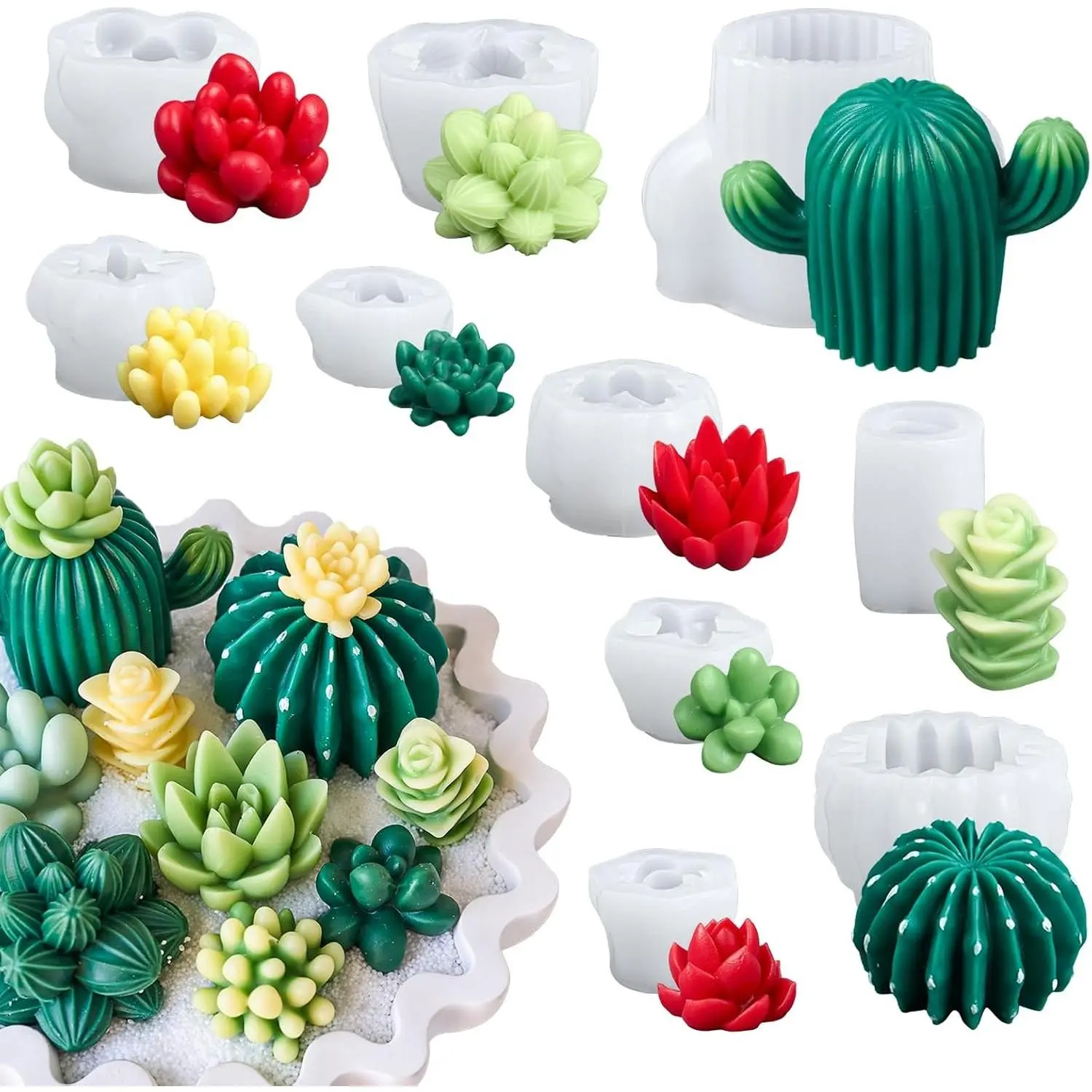 10 Pack 3D Cacti Succulent Silicone Molds for Candle Making, Handmade Resin Cement Casting Soap Chocolate Cake Fondant Moulds for Craft Home Decor