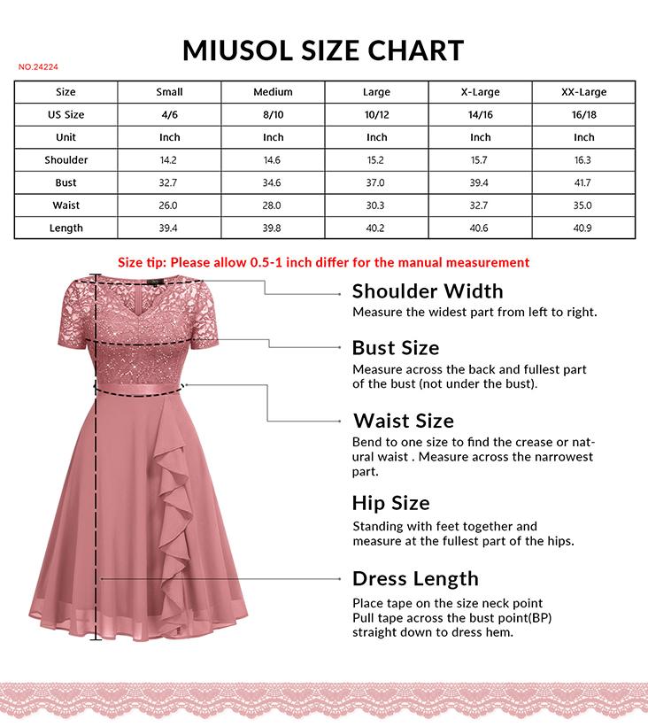 MIUSOL 24224 VNeck Contrast Lace Solid Shortsleeve Sequin Insert Ruffle Trim Chiffon Cocktail Party Swing Dress