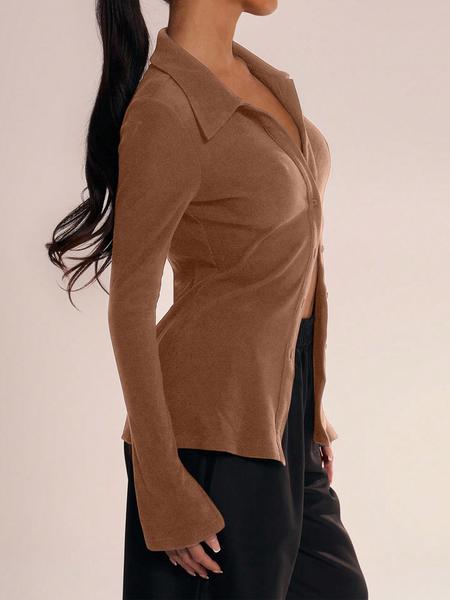 Women's Casual Long Sleeve Shirt Collar Button Design, Fitted Plain Top for All Seasons, Moderate Fabric Women's Clothing, Womenswear