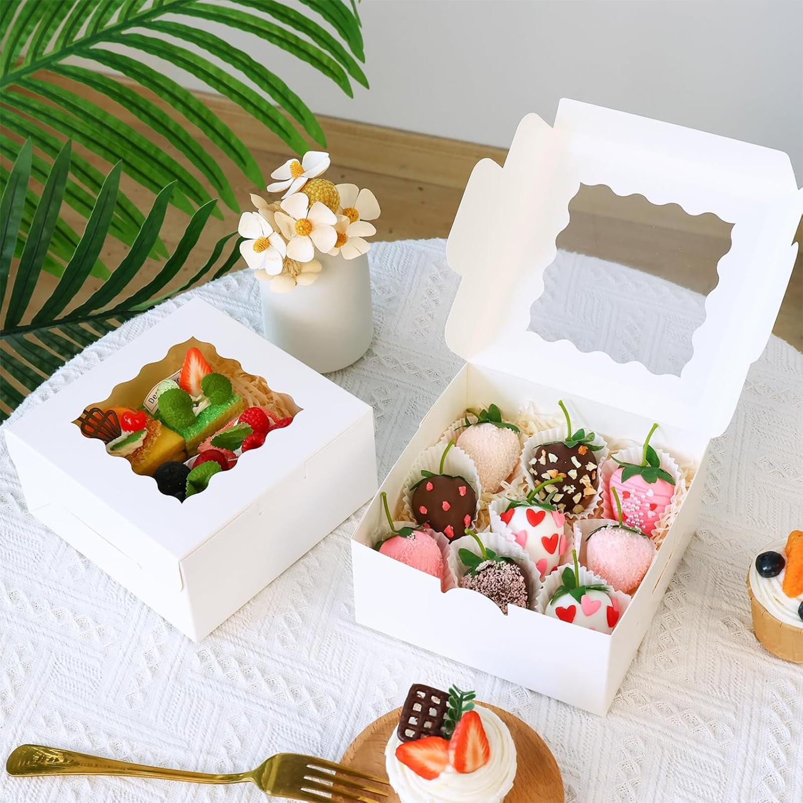 White Gift Cookie Boxes, 3.39'x3.39'x2.48' Bakery Boxes with Window, for Mini Cake Treat Dessert Pastry Donuts Macaroon Strawberries Chocolate Candy
