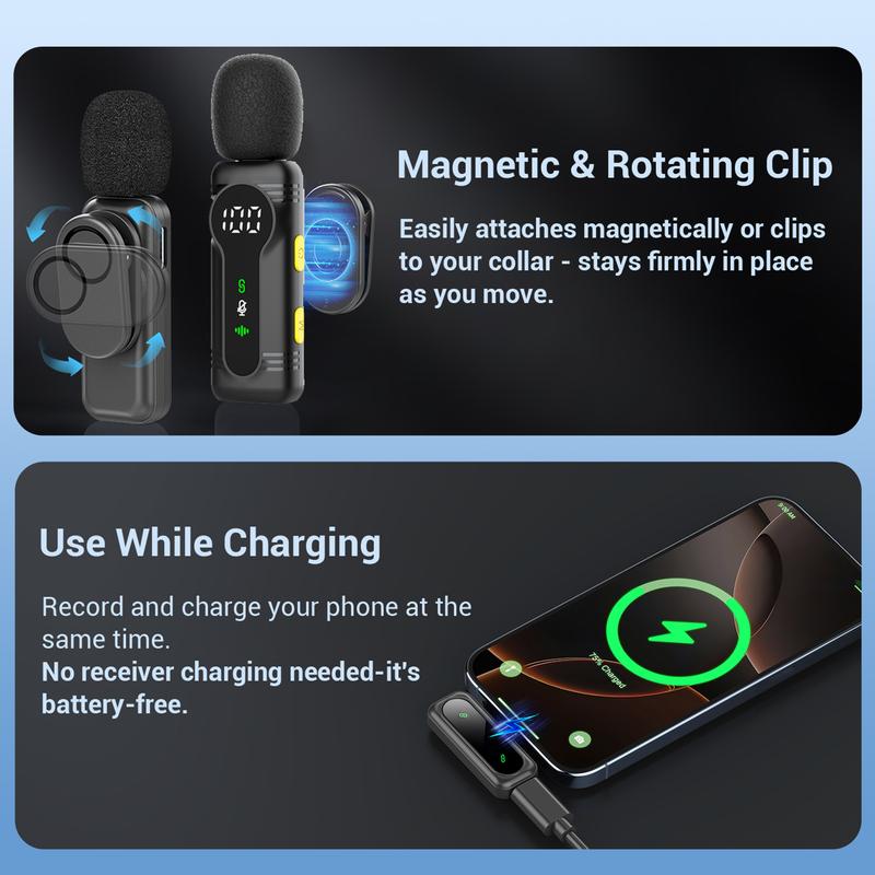 Mini Pro Wireless Lavalier Microphone for iPhone, iPad, Android, Usb Streaming Mic | Intelligent Noise Cancelling, Magnetic Rotating Clip, Long Battery Life | Ideal for Video Recording, Vlogging, Teaching, Interviews, Podcasts |