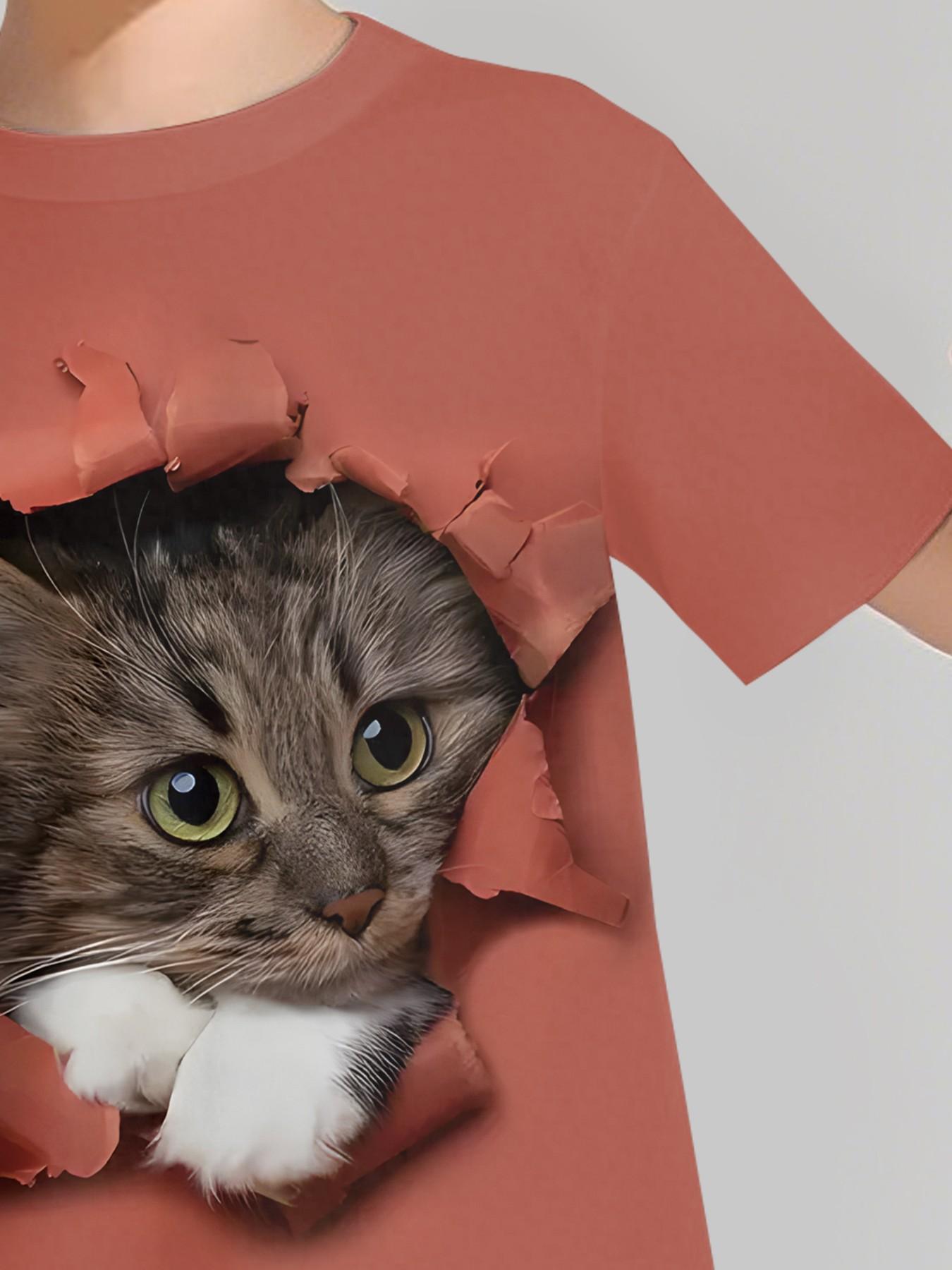 Brick red ripped 3D cat style two-piece short-sleeve shorts set, 100% polyester casual loose fit set, summer fun printed pattern, outdoor sports T-shirt set, perfect gift for boys