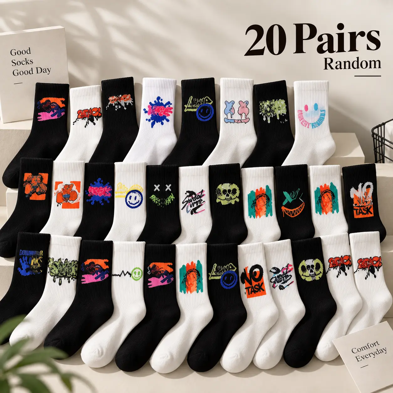 20 Pairs Random Assorted Graphic Crew Socks, Casual Black & White Socks with Colorful Designs