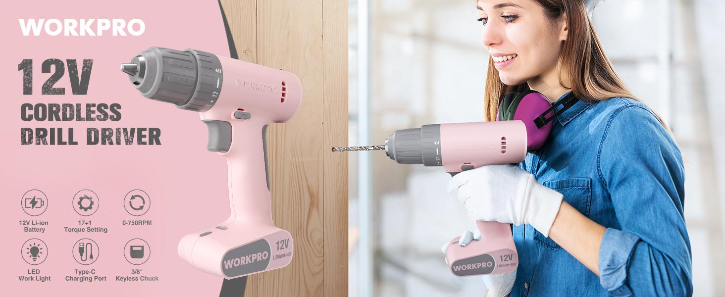 #SpringGlowUp WORKPRO Cordless Drill Driver Set, 12V Electric Power Drill Tool Kit with 6 Counts Bits, 3/8-Inch Keyless Chuck, Variable Speed, 18 Touque Setting, Type-C Charge Cable, Led Light, Pink Ribbon