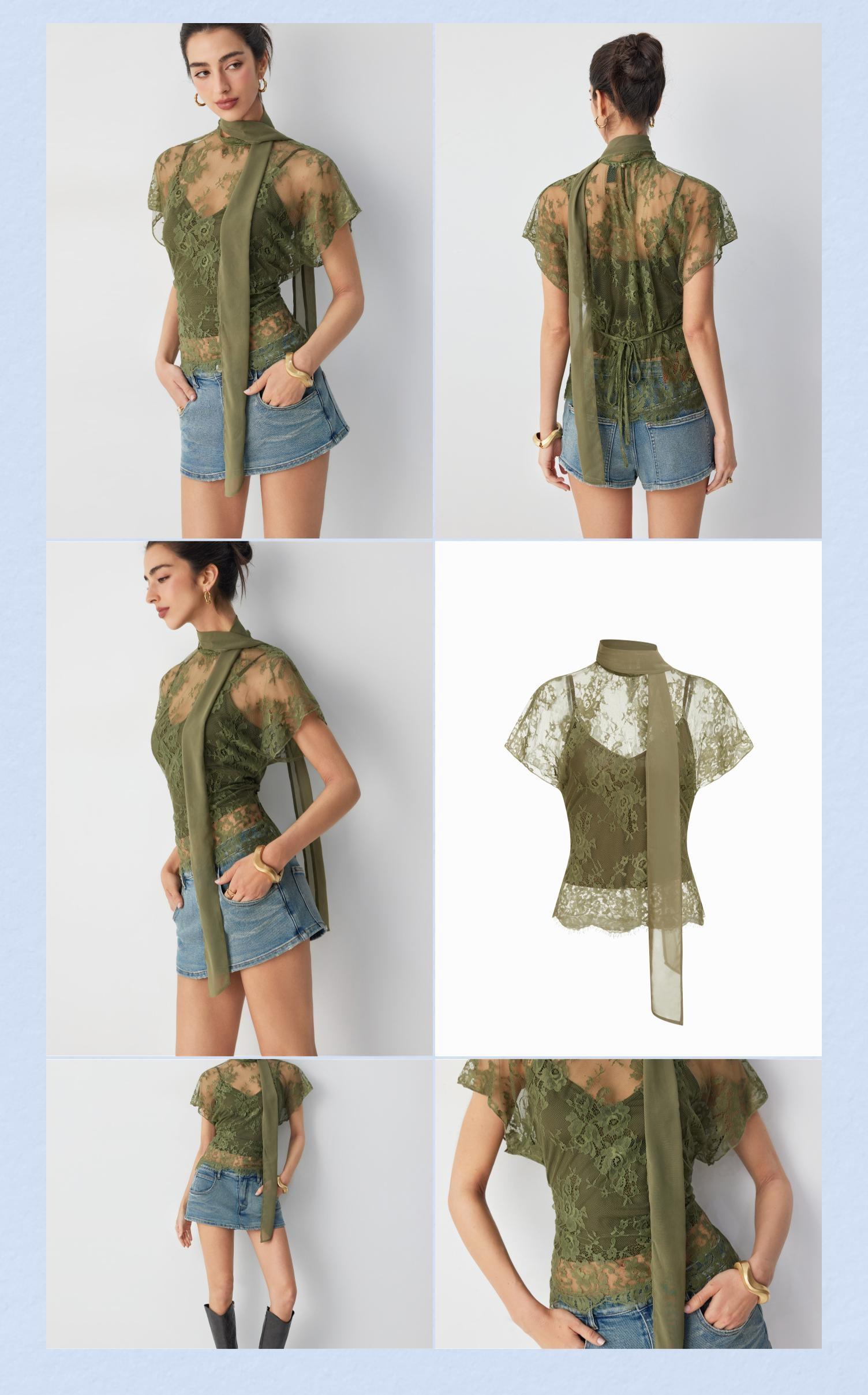 Cider Lace Floral Scarf Neck Short Sleeve Tie Back Layered Top
