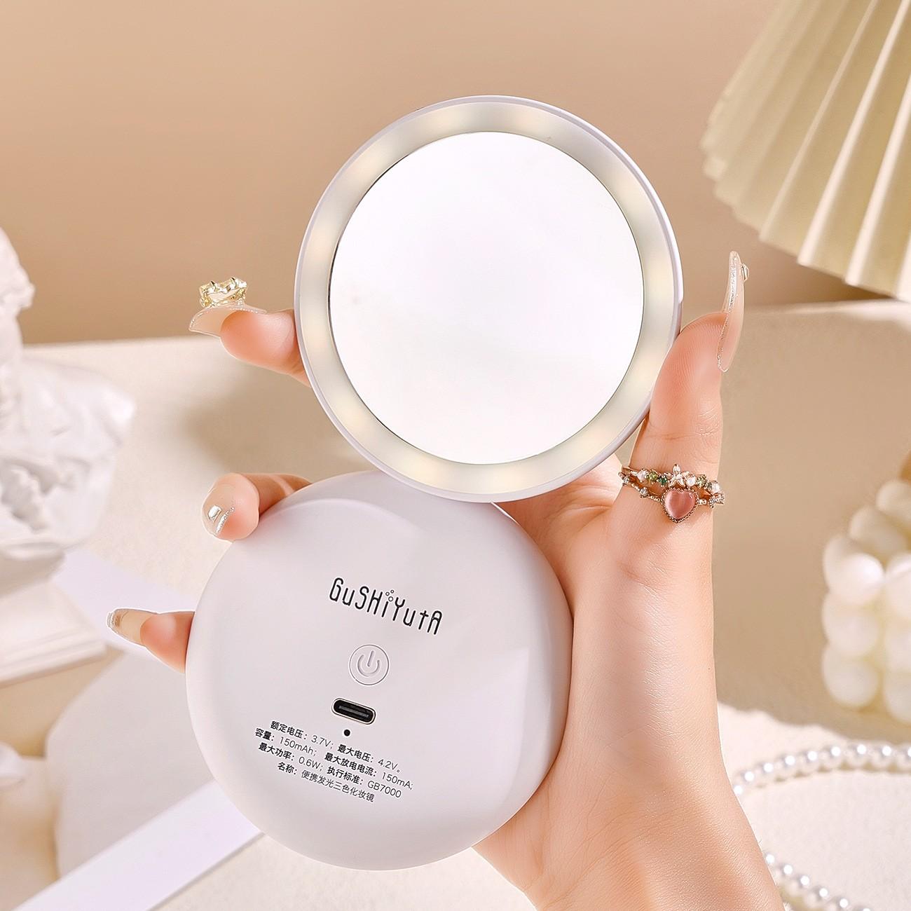 ✨A portable and compact illuminated vanity mirror for travel, USB rechargeable with three-color dimmable lighting, a pocket-sized touch-up mirror, an essential tool for daily makeup.
