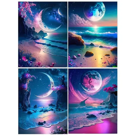 Beach Pattern DIY Diamond Arts Colorful Painting Kit without Frame, 4 Counts/set DIY 5D Diamond Arts Colorful Painting Kit, Wall Art Decor for Home, DIY Kits