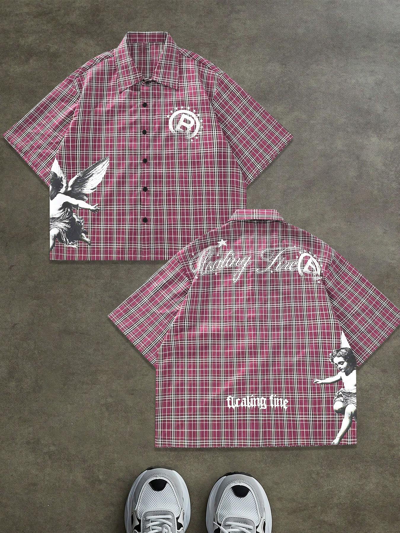 Retro Striped Short Sleeve Shirt with Letter Print, Loose-Fitting Casual Woven Top for All Seasons, Vintage Style Button Shirt, Casual Comfy Shirt