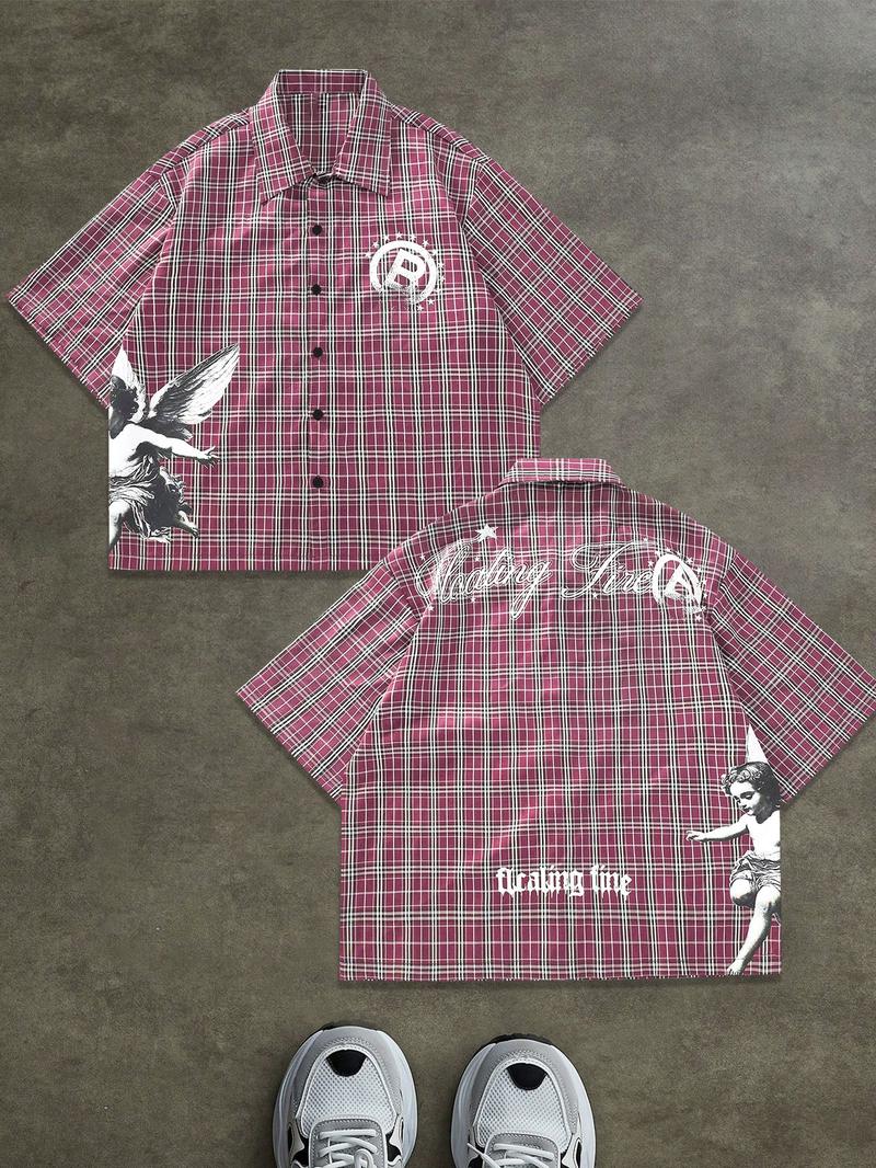 Retro Striped Short Sleeve Shirt with Letter Print, Loose-Fitting Casual Woven Top for All Seasons, Vintage Style Button Shirt, Casual Comfy Shirt