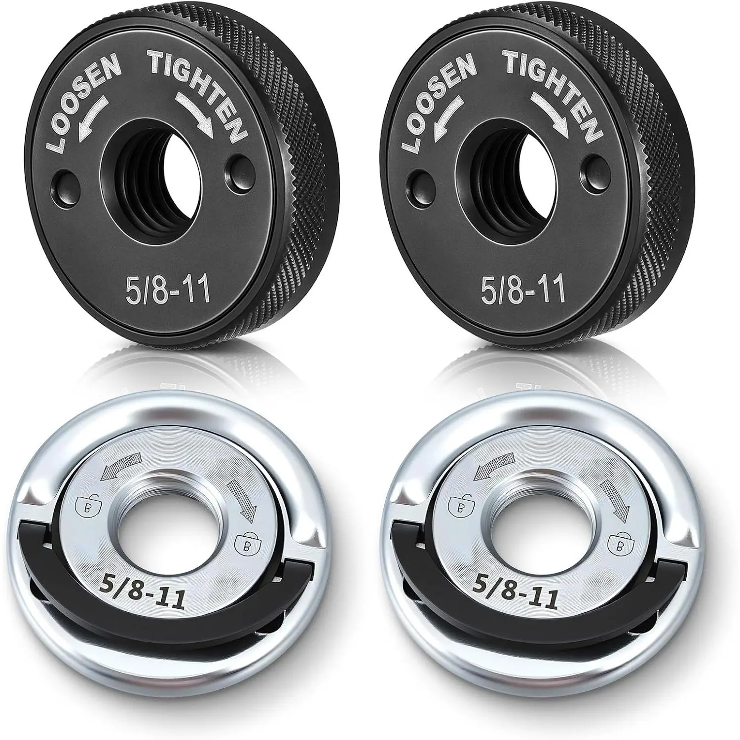 4 Pack 5/8"-11 Angle Grinder Flange Nuts, Tool-Free, Quick Change Locking Heavy Duty Metal Flange, Silver D-ring Knurled Arbor Nut Self Locking Kits for 4-1/2" 5" 7" 9" Grinders
