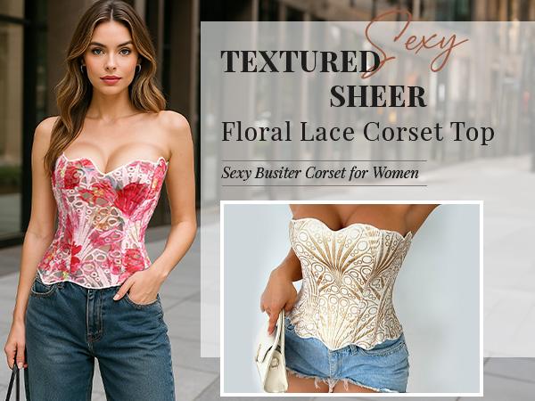 JASGOOD Corset Top for Women Sexy Textured Sheer Floral Lace Bustier Cincher Lace-up Corset Halloween Overbust Top