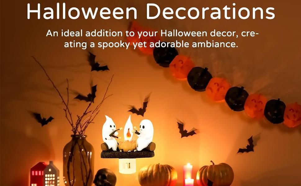 Ghosts Campfire Night Light, Wireless Led Plug in Wall Sconces Flicker Flame Figurine Lamps Halloween Decorations Indoor for Family, Party, Room, Kitchen (1pcs)