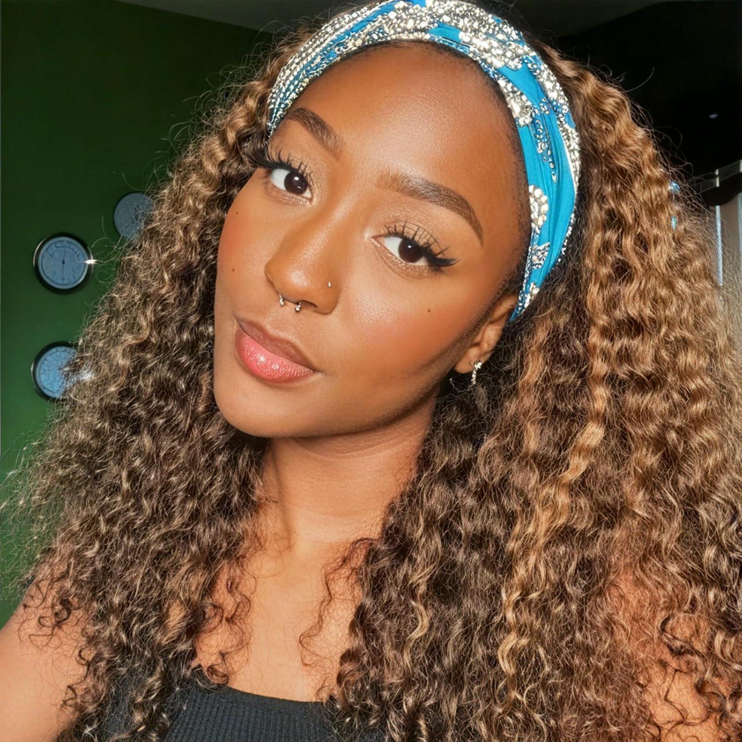 Highlight 4/27 Deep Curly Headband Wig Human Hair Glueless None Lace Wigs 180% Density Scarf Wig No Gel No Glue Full Machine Made Human Hair Wigs Wear And Go Curly Wigs for Women