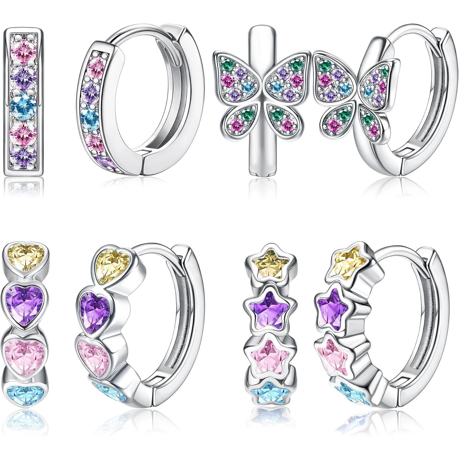 4 Pairs Small Silver Hoop Earrings for Women Girls, Hypoallergenic Heart Butterfly Zircon Cute Cartilage Earrings, Tiny Hoop Earrings Set for Kids Children in Pink/Blue/Purple