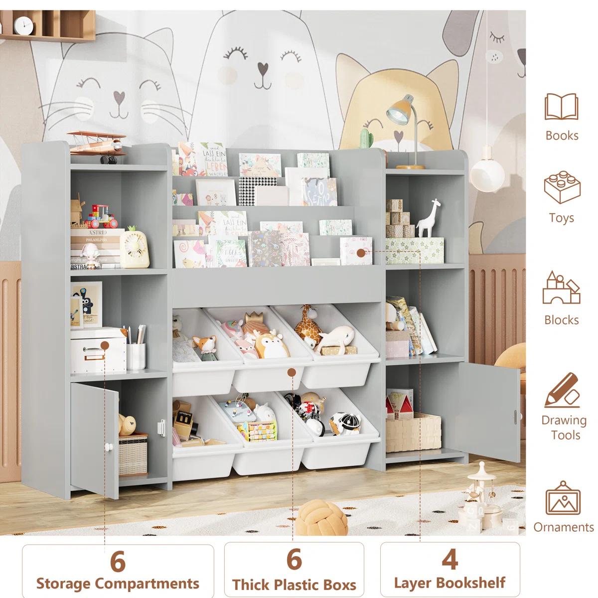 FOTOSOK Toy Storage Organizer with 6 Toy Bins, Toy Organizer Kids Bookshelf with 6 Cubbies, Multifunctional Floor Storage Chest for Playroom