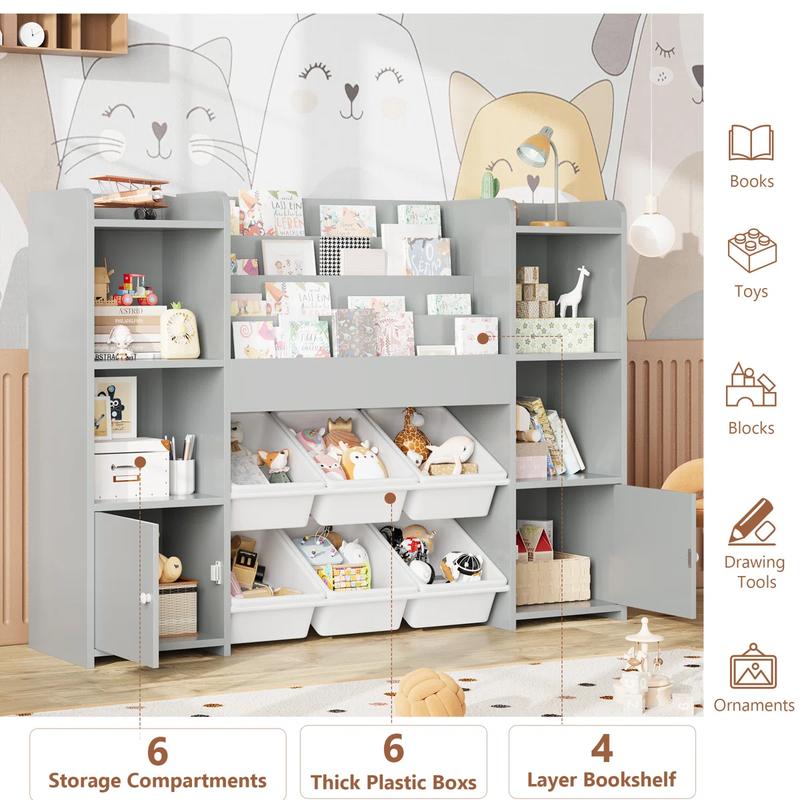 FOTOSOK Toy Storage Organizer with 6 Toy Bins, Toy Organizer Kids Bookshelf with 6 Cubbies, Multifunctional Floor Storage Chest for Playroom
