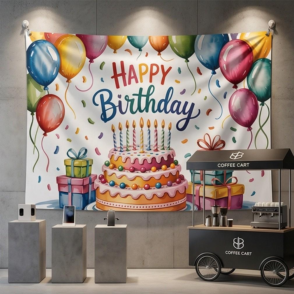 2D flat Banner, 1pc, Cute and cozy pixel art birthday party Background Decoration Background Photo Props, Polyester Banner Decor, Home Decor, Room Decor, Wall Decor, Party Decor/supplies/gifts Decorative Background, 2D Flat