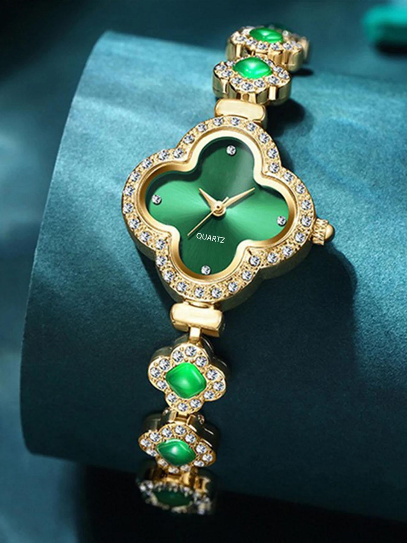 2-Piece Fashion Clover Bracelet Quartz Watch Emerald Women's Watch