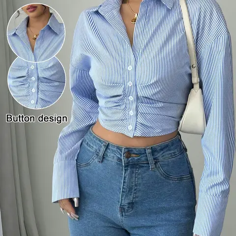 Women's Casual Classic Striped Short Pleated Long Sleeve Shirt Button Front Top, Spring & Fall Fashion, Ladies' Clothing, Comfortable and Stylish