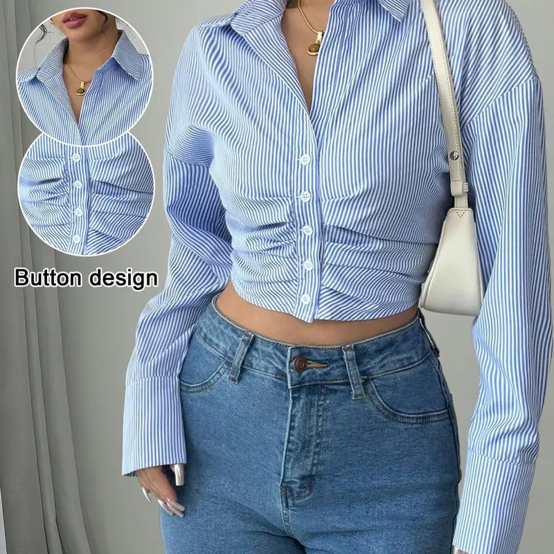 Women's Casual Classic Striped Short Pleated Long Sleeve Shirt Button Front Top, Spring & Fall Fashion, Ladies' Clothing, Comfortable and Stylish