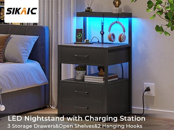 Sikaic LED Nightstand With Charging Station 2 USB Ports And 2 AC Outlets And 3 Drawers Open Storage Led Nightstand Shelf Modern Desk Bedroom Set Bedside Cabinet Lighted Vanity Table End Table