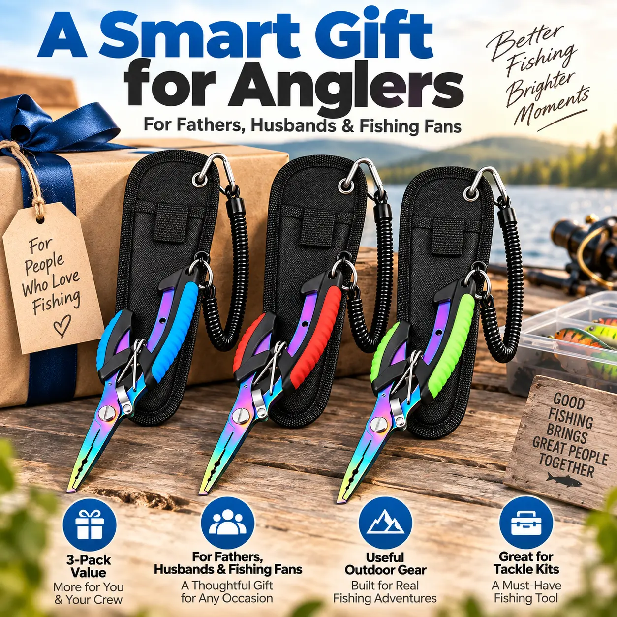 3-Pack Fishing Pliers Set with Rainbow Finish, Fish Hook Remov., Braid Line Cutter, Split Ring Tool, Coiled Lanyard, Nylon Sheath & Non-Slip Grip, Fresh/Salt Water Fishing Gear for Anglers
