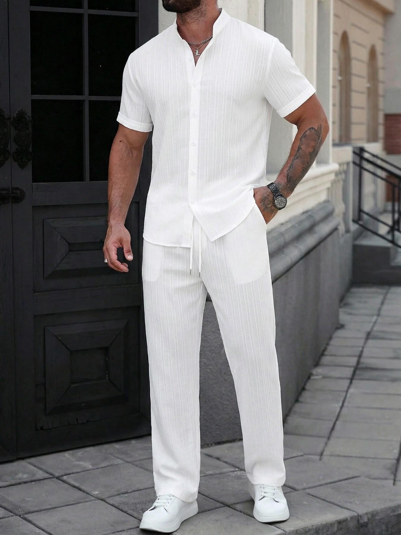 Men's Textured Stand Collar 2-Piece Outfit Set White/Black/Grey Color Options | Short Sleeve Button Shirt + Drawstring Waist Pants | Soft Breathable Fabric | Perfect for Summer Casual Outings, Streetwear & Smart Casual Style | Essential Set