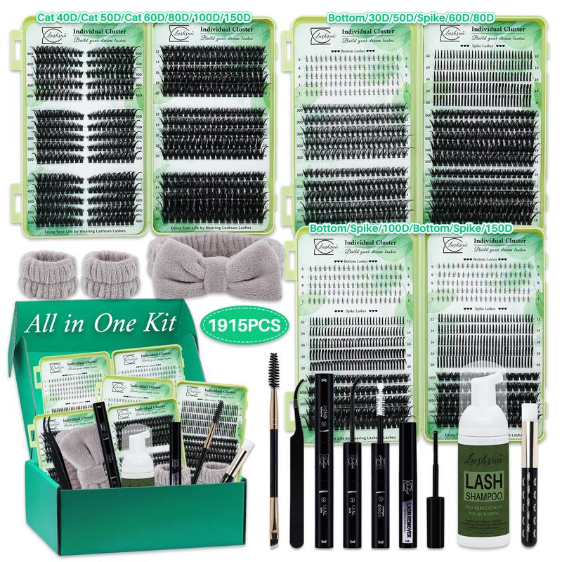 1915 PCS Lash Clusters Kit D Curl 11 Styles Cat/Volume/Spikes/Bottom Lashes Book Kit with Bond&Seal Lash Remover Brush Lash Applicator Headband Wristband set and Lash Shampoo&Brush, Perfect for Beginners&Proficient, DIY at Home Easily