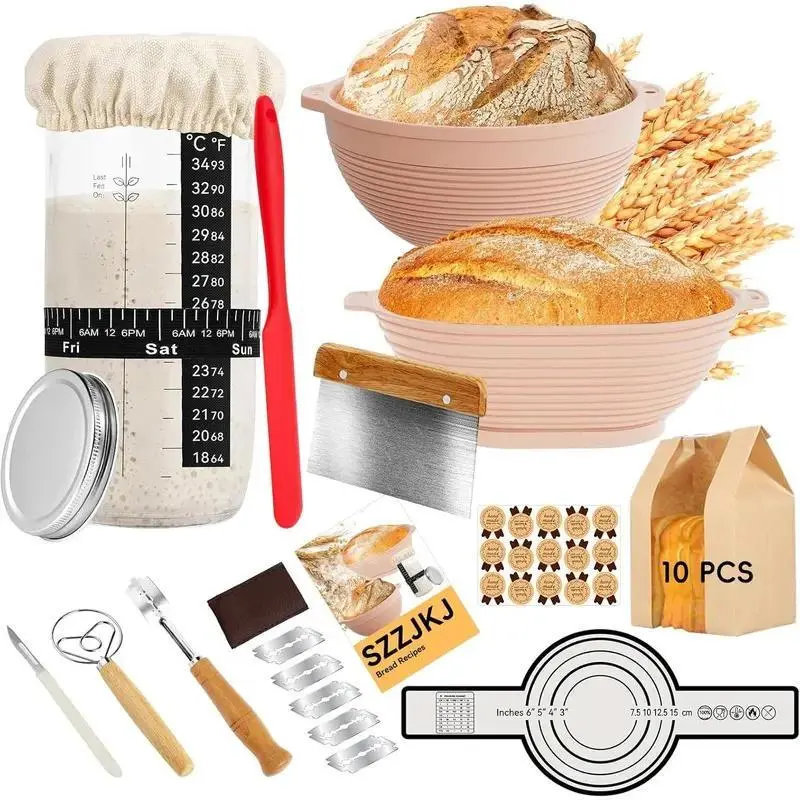 24-Piece Baking Supplies Set - Aluminum Bakeware Utensils Kit with 2 Round Silicone Bread Fermentation Baskets, Includes 10 Bread Bags, Ideal for Beginners