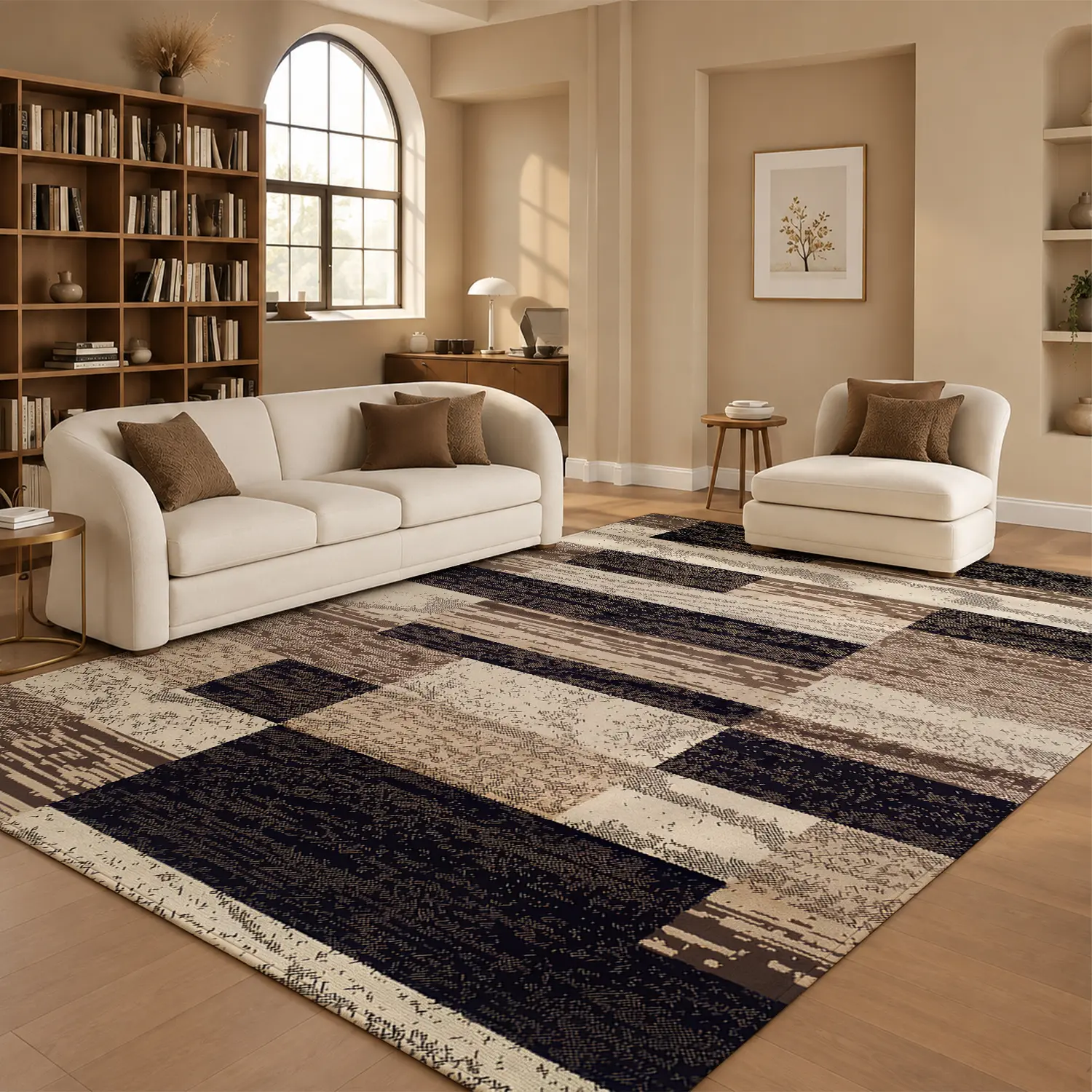 Large Indoor Area Rug, Soft Velvet Low Pile Non-slip Dotted Backing Machine Washable, Modern Geometric Block Pattern Neutral Tones Rug for Living Room, Bedroom, Hallway