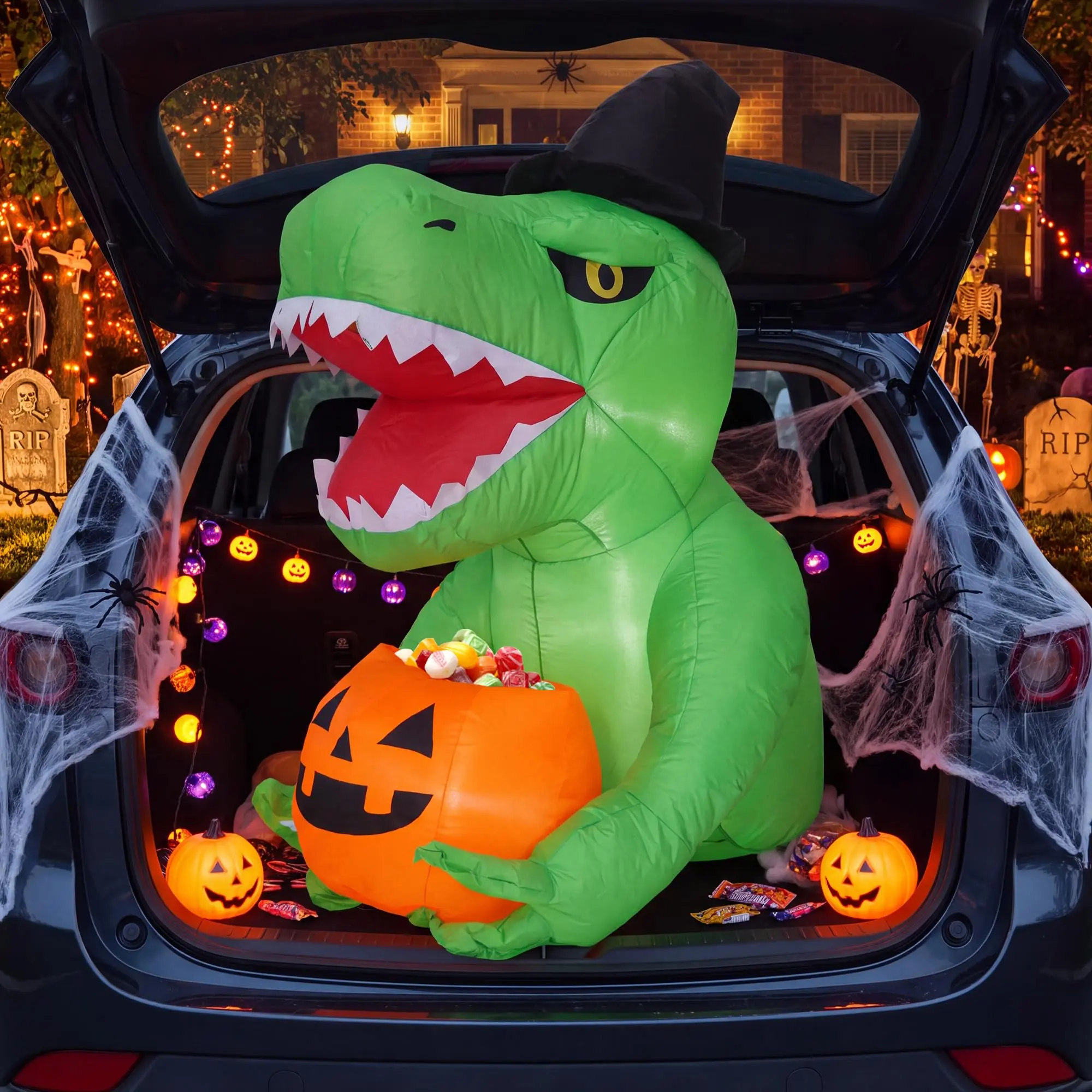Gaomon 4.5 FT Spooky Halloween Inflatable Dinosaur, Water-Proof Blow-Up Dinosaur with LED Light Holding Pumpkin, Outdoor Car/Front Yard Display Decoration for Trunk or Treat