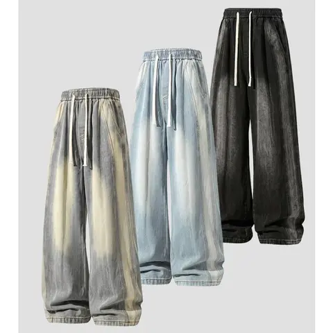 Men Elastic Waist Drawstring Denim Pants, Gradient Washed Vintage Tone, Contrast Stitch Detailing, Side Pockets, Retro Streetwear Style, Casual Daily Bottoms, Fashion Trousers for Youth, Ideal for Weekend Outings and City Street Matching Looks # SoHo Chic