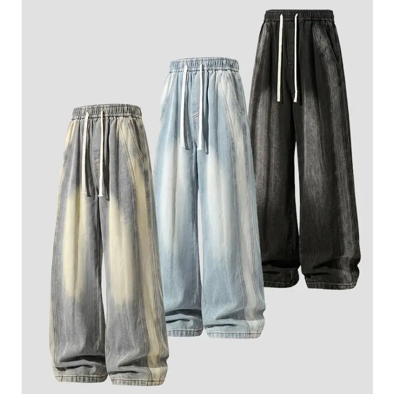 Men Elastic Waist Drawstring Denim Pants, Gradient Washed Vintage Tone, Contrast Stitch Detailing, Side Pockets, Retro Streetwear Style, Casual Daily Bottoms, Fashion Trousers for Youth, Ideal for Weekend Outings and City Street Matching Looks # SoHo Chic