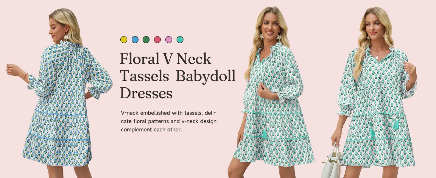 Wenrine Women’s Casual Mini Dress Long Sleeve Floral Ruffle V Neck Fall Loose Boho Babydoll Dresses with Pockets