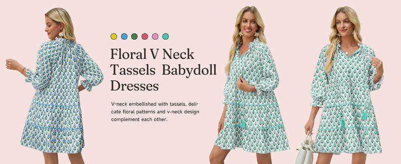 Wenrine Women’s Casual Mini Dress Long Sleeve Floral Ruffle V Neck Fall Loose Boho Babydoll Dresses with Pockets