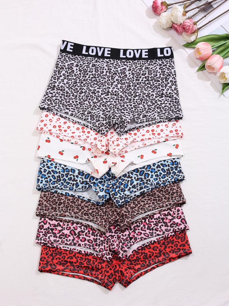 Women's Leopard & Cherry & Lip Print Boyshorts, Soft Comfy Breathable Panty for Daily Wear, Underwear for All Seasons, Casual Breathable Knicker
