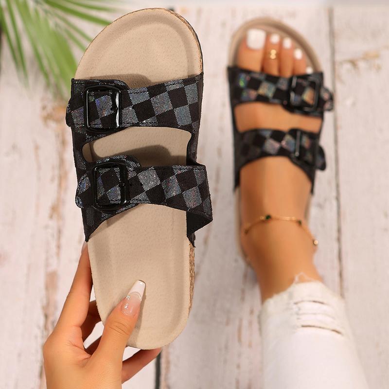 Womens Sandals Stylish Checkered Slip-On Sandals with Buckle for Women and Double Buckle Adjustable Straps Springfresh