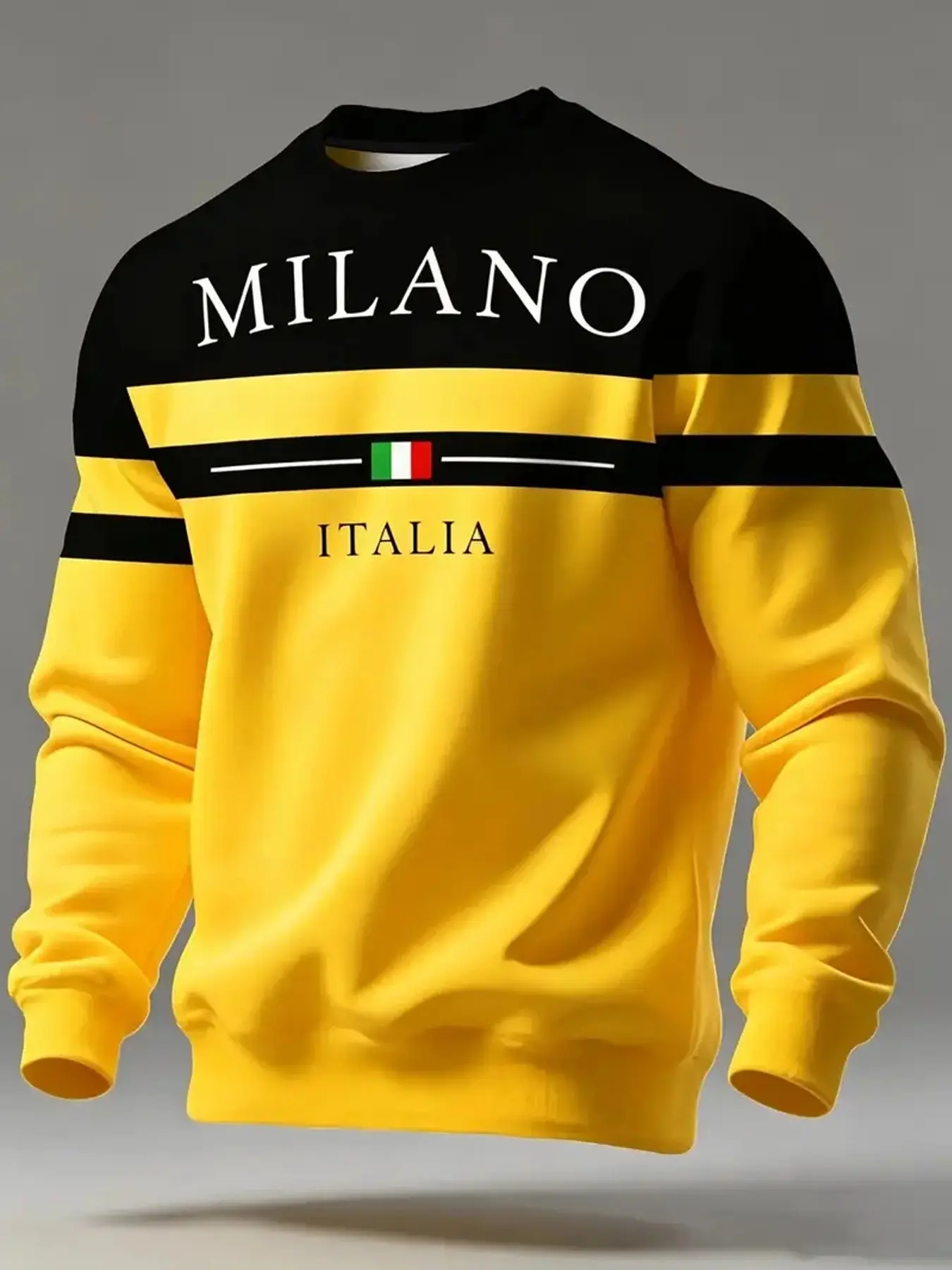 Men's Milano Letter Patchwork Round Neck Sweatshirt, Loose Drop Shoulder, Vintage Italian Street Style, Casual Spring Fall Wear